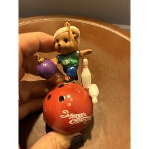 Vintage Mistletoe Magic Collectible Christmas Ornament Bear Bowling in Box